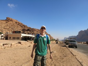 Backpacking in Jordan wearing my Northern Ireland football shirt.